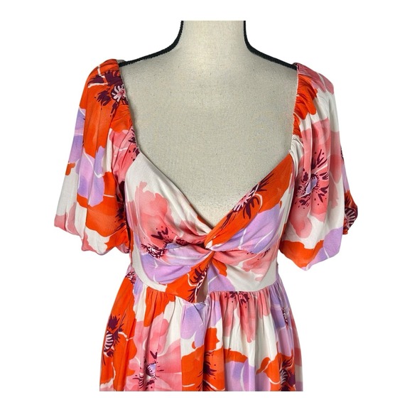 Entro Floral Print Puff Sleeve Elastic back Pink‎ Mini Dress Size Large - Picture 5 of 16